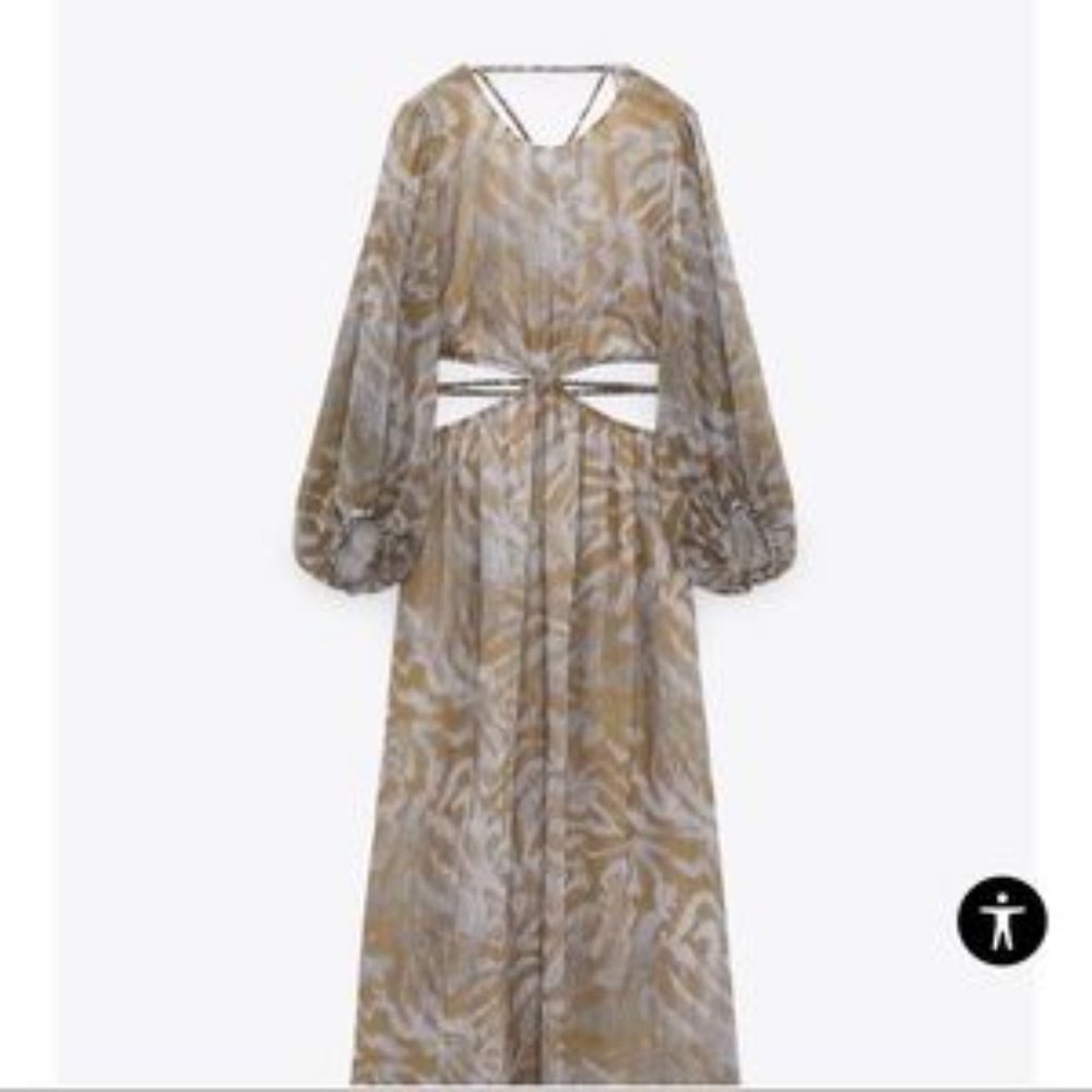 ZARA PRINTED DRESS WITH CUT-OUT DETAIL CAMEL/WHITE